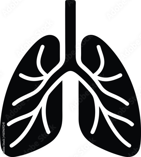 Black and white graphic illustration of human lungs and trachea respiratory system bronchi