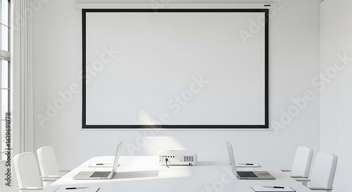 Blank projection screen in white modern office