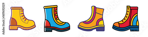 Colorful hiking boots illustration set-Vector illustration of four pairs of colorful hiking boots, representing outdoor footwear, adventure style, durable design, and rugged fashion.