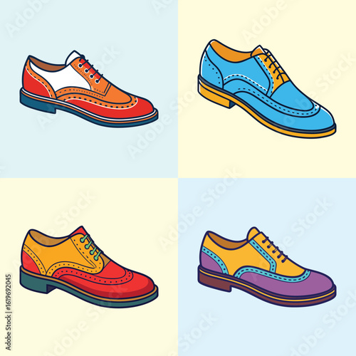 Colorful vintage oxford dress shoes illustration-Illustration of four pairs of colorful oxford dress shoes in vintage style, showcasing elegant fashion, formal footwear, and stylish design.