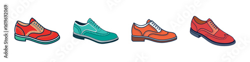 Colorful formal oxford shoes illustration set-Vector illustration of four pairs of colorful oxford-style shoes, representing formal footwear, stylish fashion, and elegant classic design.  