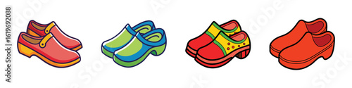 Colorful cartoon clogs shoe illustration set-Vector illustration featuring four pairs of colorful clogs in cartoon style, highlighting casual footwear, fun fashion, and creative design.