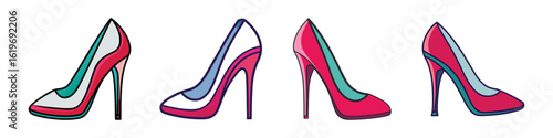 Cartoon collection of colorful high heel shoes-Set of four cartoon-style high heel shoes in bright and stylish designs, perfect for fashion, footwear, and clothing illustrations.