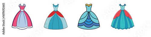 Cartoon collection of elegant ball gowns-Set of four cartoon-style ball gowns in vibrant colors and flowing designs, perfect for fashion, princess, and dress illustrations.
