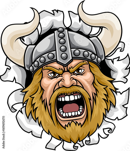 Viking warrior head or face cartoon illustration. Bursting through background, wearing a horned helmet and yelling.