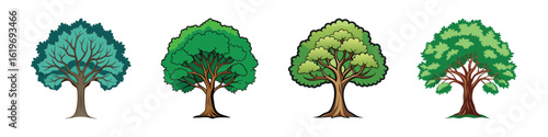 Cartoon leafy tree illustration set-Vector illustration of four stylized leafy trees with thick canopies and sturdy trunks, each in different shades of green and natural tones, suitable for forest, p