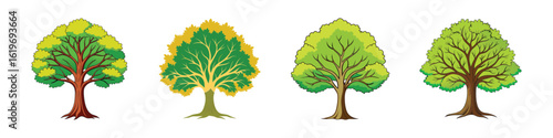 Cartoon tree illustration set with full green foliage-Vector illustration of four cartoon-style trees with green and yellow leaves, brown trunks, and rounded canopies, ideal for nature, park, and lan
