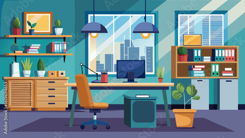 Vector art of bright home office interior with desk, computer, chair, lamp, shelves, plants, and cityscape view through the window, in a flat vector illustration style