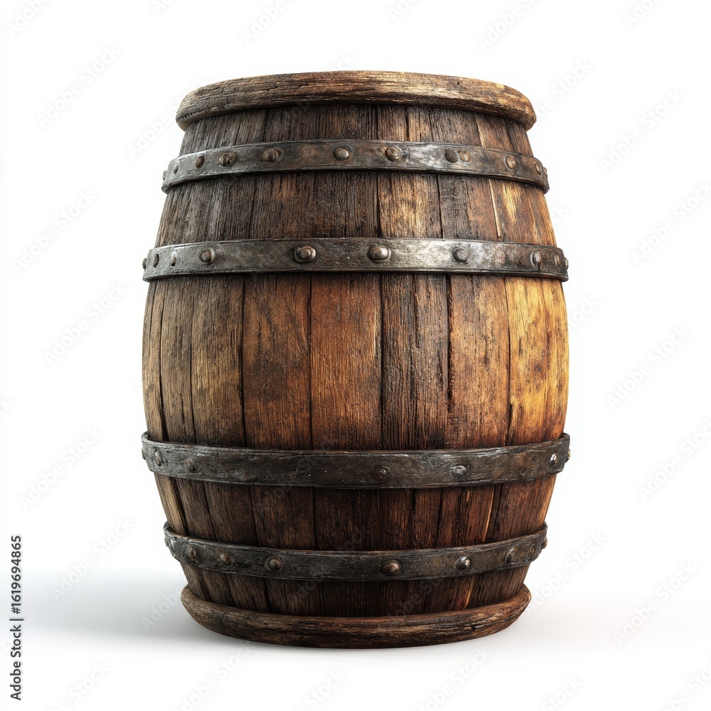 Obraz premium A wooden barrel with metal bands, ideal for storing liquids. This old-fashioned barrel is a symbol of tradition and craftsmanship.