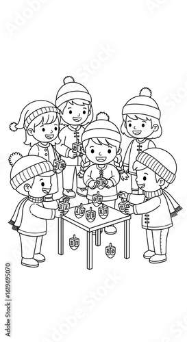 Wallpaper Mural Happy Children Playing Dreidel, Line Art, Winter Holiday Celebration Torontodigital.ca