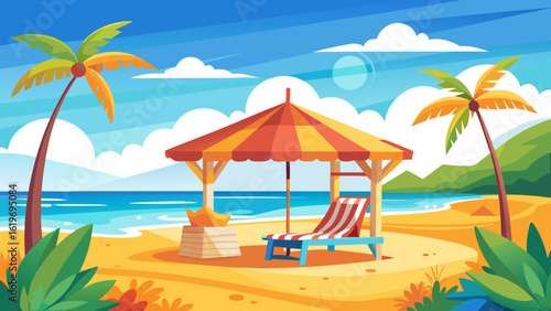 Vector art of a colorful cartoon depiction of a serene tropical beach featuring palm trees, a striped umbrella providing shade, a striped lounge chair, and the calm ocean