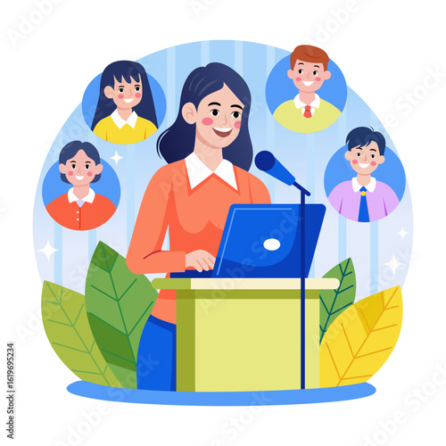 A flat style illustration showing an online conference