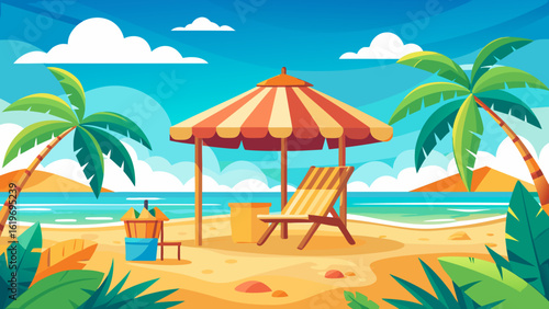 Vector art of a vibrant illustration of a tropical beach scene with a striped umbrella, lounge chair, and palm trees under a clear blue sky, evoking a sense of summer vacation and relaxation