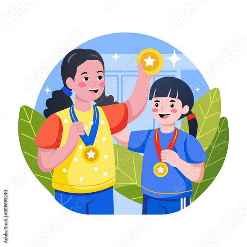 A flat style illustration depicting a child winning medals