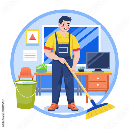 A flat style illustration showing a janitor cleaning