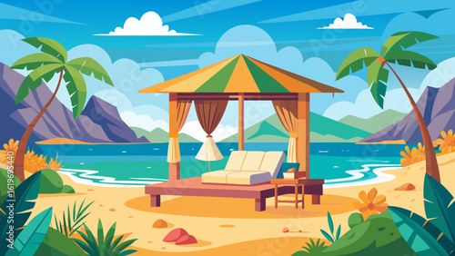 Vector art of a vibrant tropical beach scene with a covered lounge area, palm trees, and calm blue water under a bright sky, perfect for a summer vacation getaway
