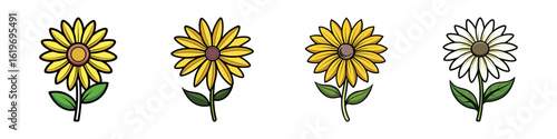 Cartoon daisy and sunflower vector icons set-A set of four cartoon-style flowers including yellow sunflowers and a white daisy, perfect for spring, floral, or decorative design projects.