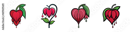 Bleeding heart flower vector icons in cartoon style-A set of four stylized bleeding heart flower illustrations with red petals and green leaves, ideal for romantic, botanical, or decorative designs.
