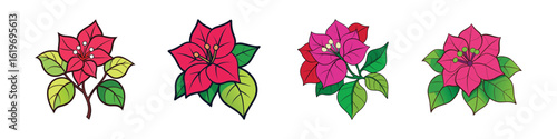Bougainvillea flower vector icons with green leaves-A set of four colorful bougainvillea flower illustrations with vibrant pink and red petals and green leaves, perfect for floral or tropical designs.