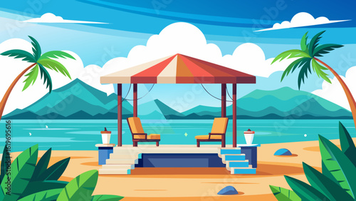 Vector art of idyllic tropical beach with a wooden gazebo, two empty lounge chairs, and steps leading to the sand, framed by palm trees and mountains in the distance