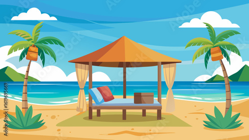 Vector art of idyllic tropical beach setting with a shaded gazebo, comfortable lounge bed with cushions, and flanking palm trees against a clear blue sky