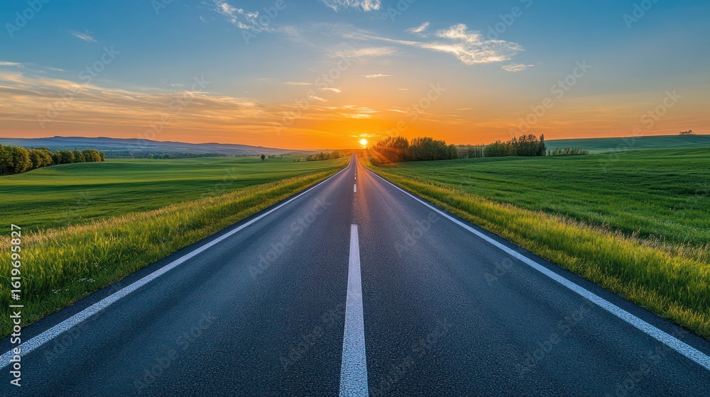 Fototapeta premium Sunset Road Leads Through Serene Green Fields