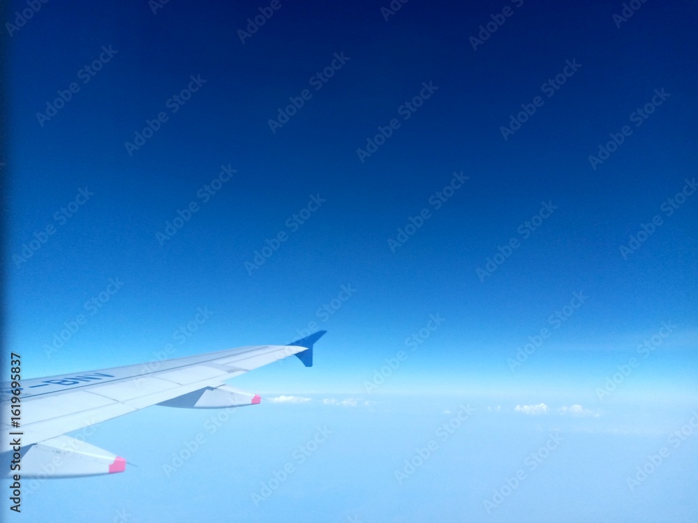 Fototapeta premium airplane wing against the beautiful blue sky showing a clean horizon with gradient sky