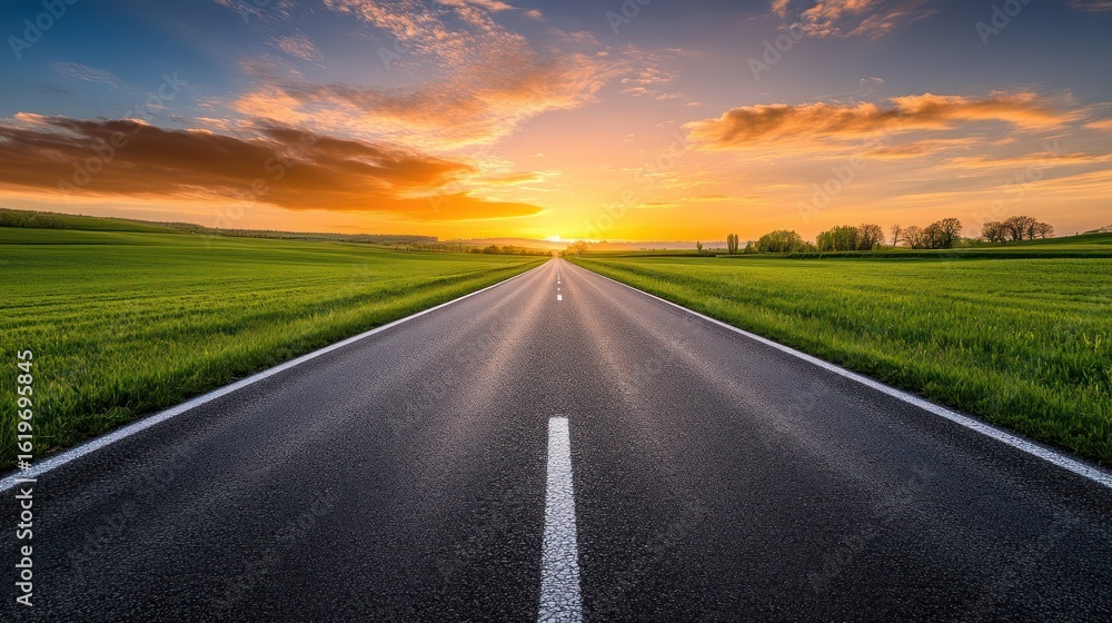 Fototapeta premium A Scenic Road Leads to a Vibrant Sunset Over Lush Green Fields