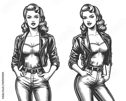 two confident women in leather jackets and high-waisted jeans, standing with hands in pockets sketch engraving generative ai fictional character vector illustration. Scratch board. Black and white.