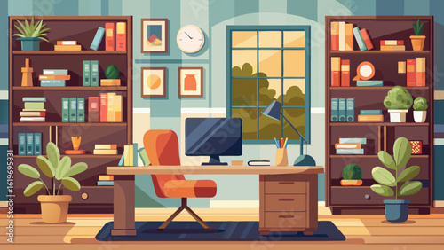 Vector art of cozy home office interior with a desk, computer, chair, and bookshelves filled with books and plants, creating a productive and comfortable workspace