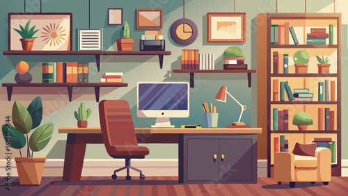 Vector art of inviting home office design with a wooden desk, ergonomic chair, computer, and tall bookshelf showcasing books, plants, and decorative items for a warm atmosphere