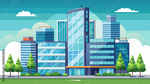 Vector art of modern office buildings with glass facades and trees in a city landscape, representing corporate business and urban development