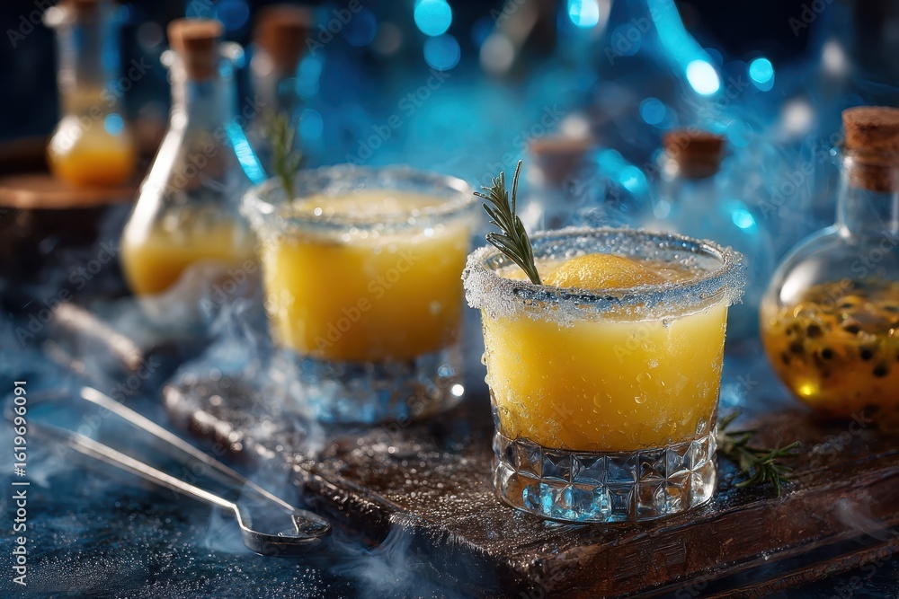 Mystical Halloween Cocktails with Rosemary Garnish and Smoky Blue Ambiance Mystical Halloween Cocktails with Rosemary Garnish and Smoky Blue Ambiance