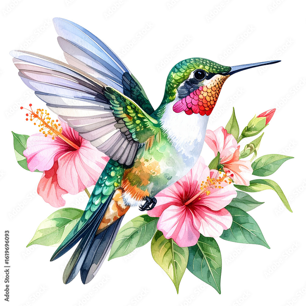 Obraz premium Beautiful hummingbird hovering over pink hibiscus flowers isolated on transparent background