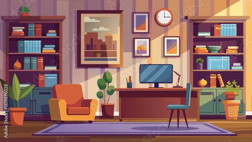 Vector art of cozy modern home office interior with desk, computer, armchair, bookshelves, and plants, creating a comfortable and productive workspace