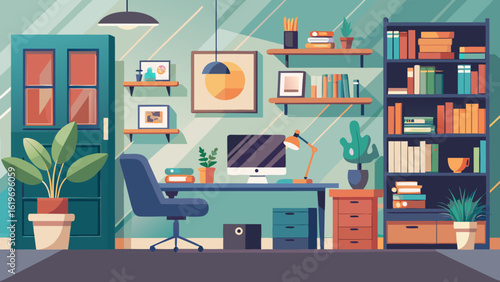 Vector art of modern home office interior with a desk, computer, chair, bookshelf, and plants, creating a productive and cozy workspace