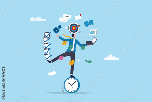 Multitasking working with multiple tasks or job at the same time, busy work, productivity or efficiency overload or overworked concept, busy businessman multitask juggling business work routine.