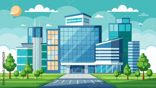 Vector art of contemporary office buildings with glass facades and clean lines, situated in a cityscape with trees and clouds under a blue sky, representing professional environments