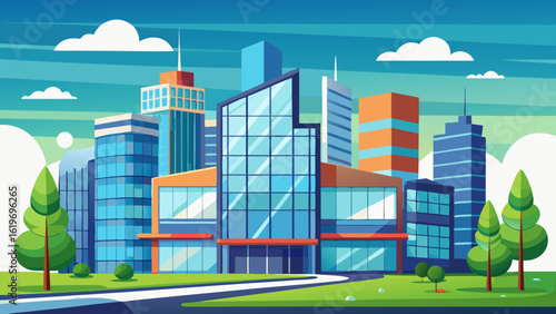 Vector art of a collection of modern glass office buildings with diverse architectural styles, set against a bright blue sky with clouds and green trees, symbolizing business and urban growth
