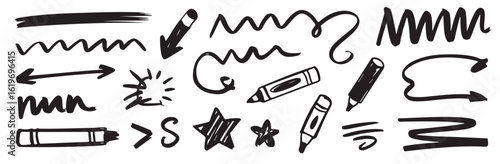 A collection of hand drawn black doodles including arrows lines stars and crayon drawings on white paper