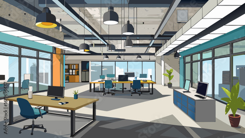 Vector art of bright and spacious modern office interior with multiple workstations, large windows, and industrialstyle lighting