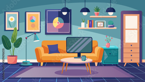 Vector art of stylish modern living room interior featuring an orange sofa, armchair, coffee table, shelves, and plants, embodying a comfortable and chic home aesthetic