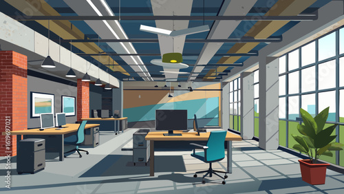 Vector art of modern openplan office interior with desks, chairs, computers, and large windows, creating a bright and productive workspace for business professionals