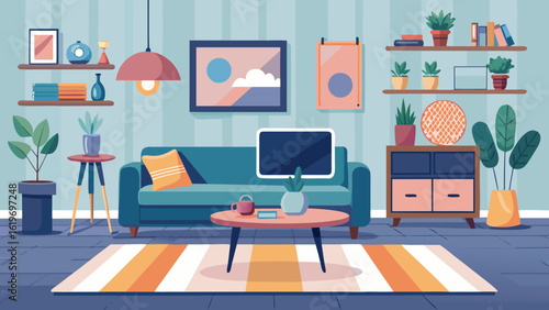 Vector art of stylish modern living room interior featuring a teal sofa, colorful rug, bookshelf, plants, and decorative elements for a comfortable home