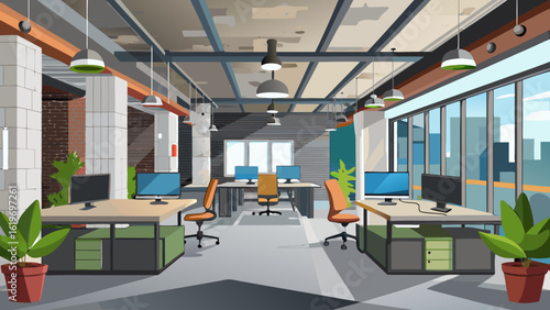 Vector art of modern openplan office interior with desks, computers, chairs, and plants, creating a professional and productive business environment