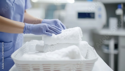 Medical worker in blue gloves arranges white towels in a basket