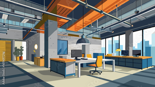 Vector art of stylish office interior featuring desks, computers, and chairs, designed for a contemporary business and professional workspace
