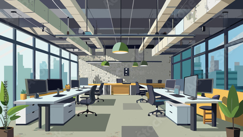 Vector art of spacious contemporary office interior with workstations, computers, and chairs, large windows offering a city view and industrialstyle lighting