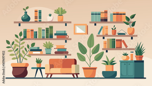 Vector art of stylish home interior with a comfortable sofa, bookshelves filled with books, and potted plants, creating a modern and inviting living space