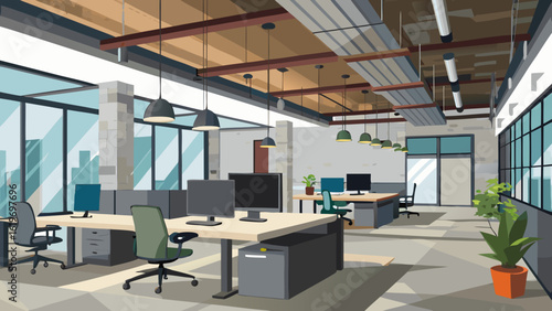 Vector art of bright and airy office environment with multiple workstations, computers, chairs, and large windows overlooking a cityscape, enhanced by industrialstyle lighting